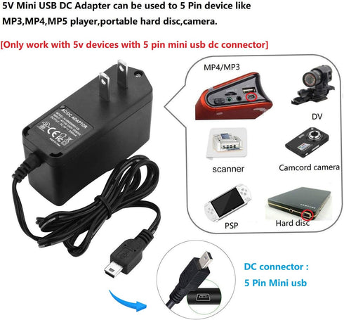 DC 5V Mini USB Cable AC DC Adapter Mini 5 Pin Charger for Portable Hard Disk,MP3,MP4,Camera,Tablet,Card Reader,Hub,DVR(NOT for Cell Phone),Black...