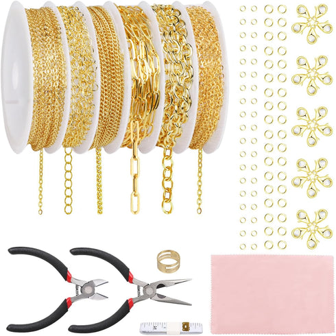 Fesorsi Gold Necklace Chain for Jewelry Making, 46ft 6 Style Rolled Steel DIY Jewelry Chain Roll Bracelet Bulk Link Plated Permanent for Earring A...