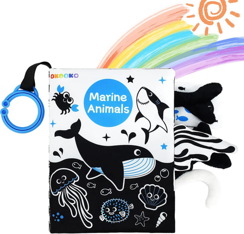 OKOOKO Soft Baby Book Black and White High Contrast Marine Animals Tails Book Bath Book Montessori Sensory Stroller Toy Non-Toxic Crinkle Washable...