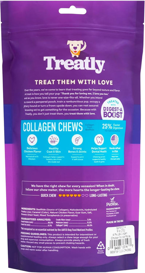 USA Collagen Rolls 9-10" Dog Chew Treats - Chicken Marinade Flavor, 4 Count/1 Pack...