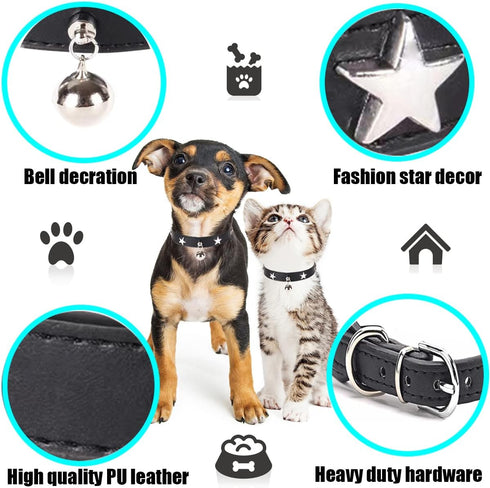 Dog Collar with Star Studs and Bell, Dog Necklace for Puppy Small Medium Large Dog Cat Collar Pet Collar Boy Girls Dog (M: 11-14 in, Black)...
