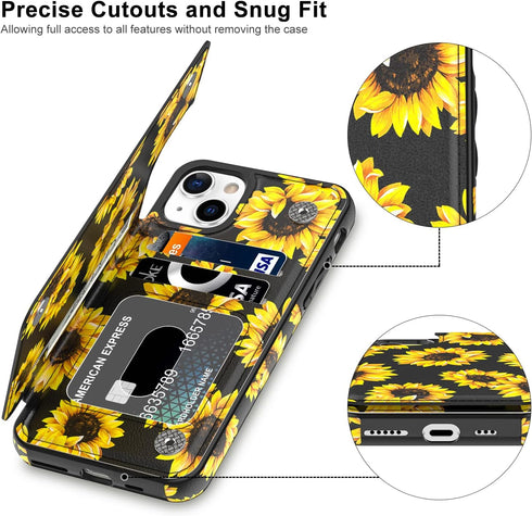 LETO for iPhone 13 Case,Flip Folio Leather Wallet Cover with Fashion Flower Designs for Girls Women,Built-in Card Slots Kickstand Protective Phone...