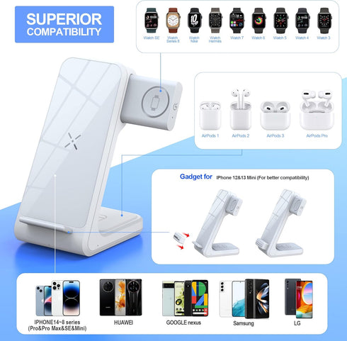 Wireless Charging Station, 3 in 1 Wireless Charger Stand, Fast Wireless Charging (White)......