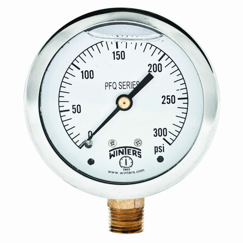 Winters 2-1/2" Dial Size, Liquid Filled Industrial Pressure Gauge, Brass Internals, 304 Stainless Steel Case, Single Scale 0-300 psi, 1.5% Acc, 1/...