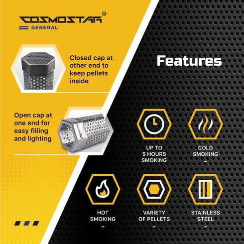 Cosmostar Hexagon Pellet Smoker Tube 12 inches Stainless Steel for Any Grill or Smoker, Hot or Cold Smoking,Premium BBQ Smoker Generator Tube-5 Ho...