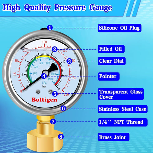 Water Pressure Gauge, 0-200 Psi Pressure Gauge Filled with Oil, 3/4" GHT Female Thread Water Pressure Test Gauge with 3 Adapters,for Home, industr...