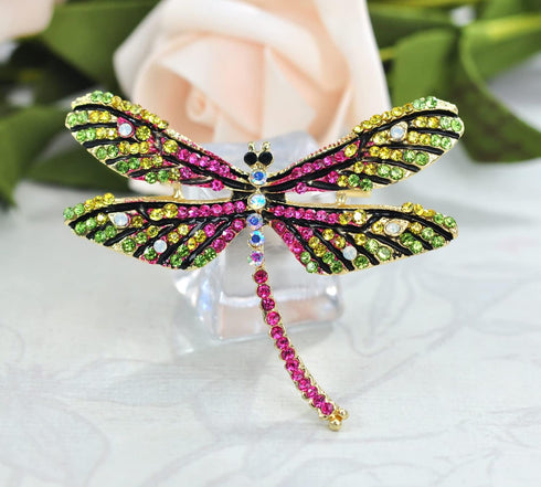 Gyn&Joy Golden Tone Colorful Crystal Rhinestone Dragonfly Flying Insect Brooch Pin For Women BZ198...