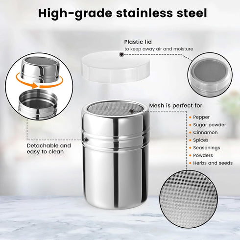 HANSGO Powdered Sugar Shaker Duster, Cinnamon Matcha Mlour Shaker Dispenser, Stainless Steel Fine Mesh Dredges Cans with Lid for Pepper, Salt, Cof...