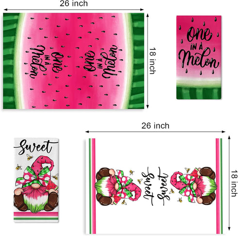 Seliem Sweet Summer Gnome Kitchen Dish Towels Set of 2, One in A Melon Watermelon Bee Hand Towel Drying Baking Cooking Cloth, Pink Green Polka Dot...