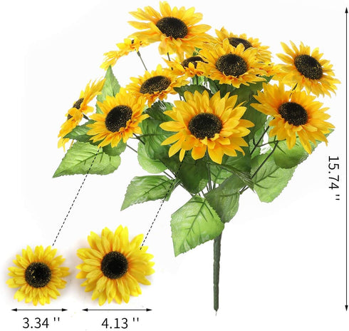 DerBlue 15.74'' Artificial Sunflowers Bouquet with 14 Heads(Two Different Diameter of Flowers) and 40 Leaves Fake Silk Sunflowers Bouquet for Home...