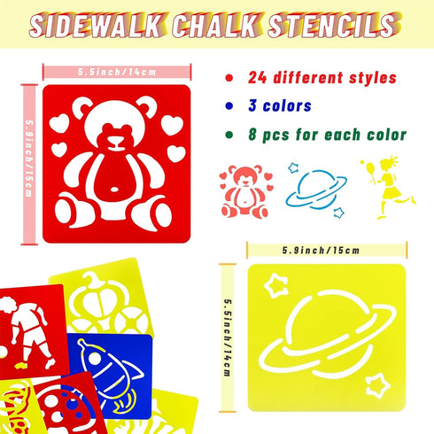 24 Pieces Stencils for Kids, Drawing Stencils Chalk Stencils Large Washable Sports, Planet, Fairy Tale and Cartoon Themed Primary Shape Template f...