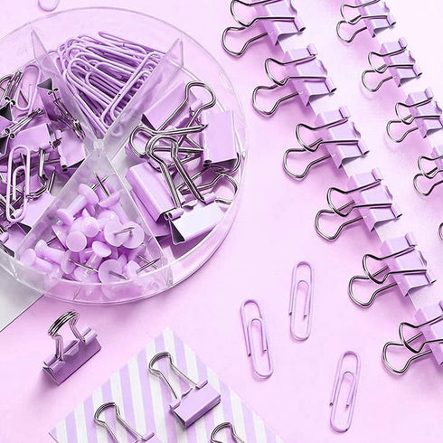 Purple Paper Clips and Binder Clips Set, 216 pcs, Metal Assorted Sized Binders with Push Pins, Cute Office Supplies for Desk, Durable Desk Accesso...
