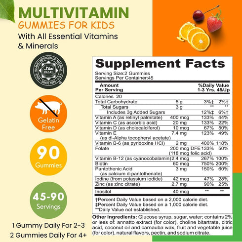 Halal Kids Multivitamin Gummies, 45-90 Days Supply, with All Essential Kids Vitamins. Toddler Vitamins with Vitamin C, D, Zinc, A, E, B6, B12, Bio...