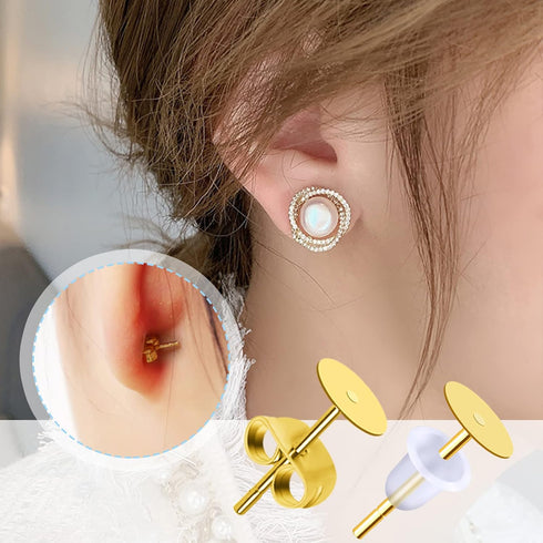 TOAOB 300pcs Earring Posts and Backs Gold Stainless Steel Hypoallergenic 5mm Flat Pad Studs with Clear Rubber and Butterfly Earring Backs for DIY ...