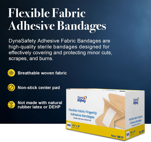 Dynarex Fabric Adhesive Bandages - Sterile & Flexible Fabric Bandages for Wounds - Non-Stick Pads - Individually-Wrapped First Aid Supplies - No L...