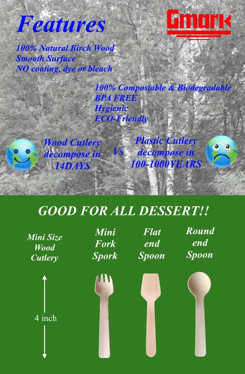 Gmark 4" Mini Wooden Spork 100 ct, Biodegradable Compostable Birchwood Fork Spoon 2-in-1 Utensil (100pcs/bag) GM1058A...