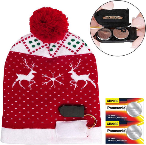 OurWarm LED Christmas Hat Light Up Holiday Hat Cute Reindeer Snowflakes Red Knitted Hat Christmas Beanie with 6 Colorful Lights for Kids Adults Fa...