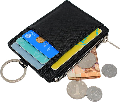 Boshiho Saffiano Leather Credit Card Holder Coin Change Purse with Key Ring Keychain - unisex...