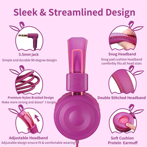 POWMEE M1 Kids Headphones Wired Headphone for Kids,Foldable Adjustable Stereo Tangle-Free,3.5MM Jack Wire Cord On-Ear Headphone for Children (Purp...