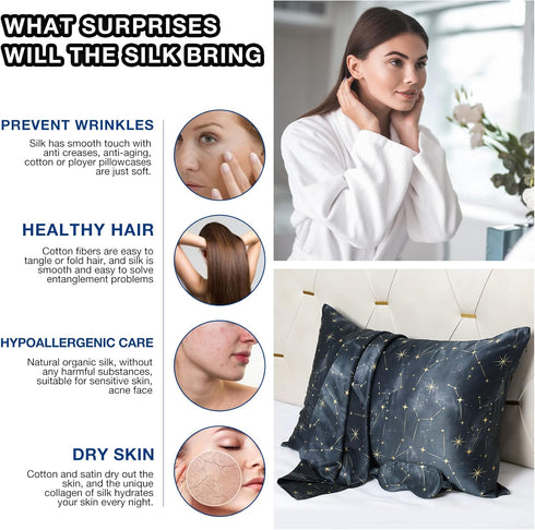 MANSPHIL 100% Mulberry Silk Pillowcase for Hair and Skin, Black Galaxy Pattern - Premium 22 Momme Charmeuse Silk Pillow Cases Cover, Queen Size/20...