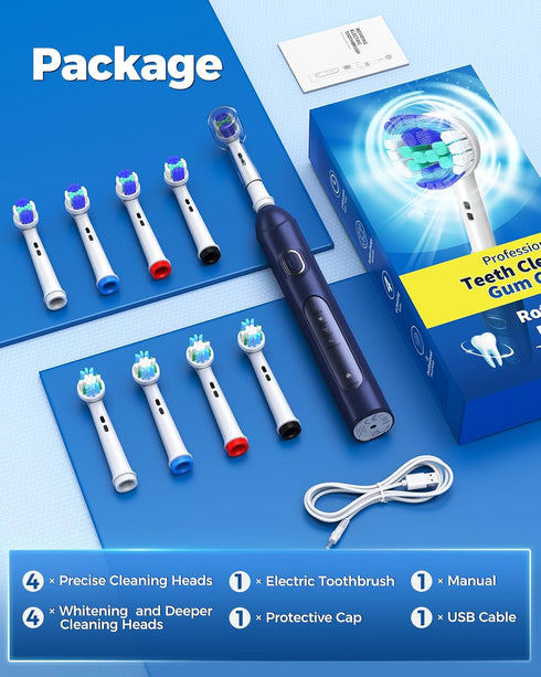 Rotating Electric Toothbrush for Adults with 8 Brush Heads (2 Types), 4 Modes Deep Clean Electric Toothbrush with Rechargeable Power and 2 Min Sma...