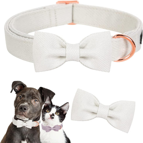 ARING PET Bowtie Dog Collar-Cotton White Dog Collar with Bow, Adorable Wedding Dog Collars Pet Collars Gifts with Metal Buckle...