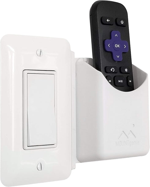 The No-Screwups Remote Control Holder by Mount Genie (White): Wall Mount with No Damaging Screws or Tape. Installs in seconds on any light switch....