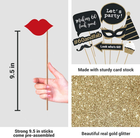 Fully Assembled 60th Birthday Photo Booth Props - Set of 30 - Black & Gold Selfie Signs - 60th Party Supplies & Decorations - Cute Bday Designs wi...