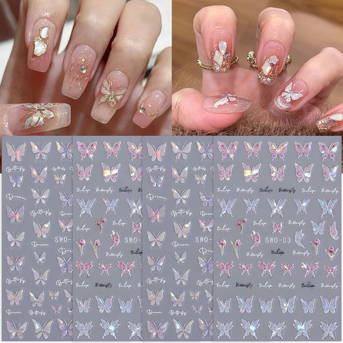 Shiny Pink Butterfly Nail Art Sticker Butterfly Nail Decals 3D Self-Adhesive Nail Art Supplies Laser Glitter Butterflies Nail Design Stickers for ...