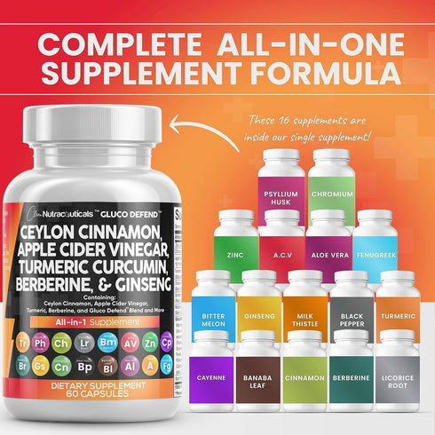 Clean Nutraceuticals Ceylon Cinnamon 3000mg Turmeric 3000mg Apple Cider Vinegar 3000mg Ginseng 2000mg Berberine 1200mg Plus Bitter Melon Gymnema M...