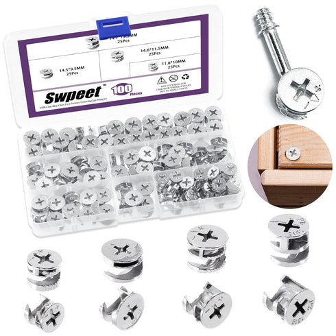Swpeet 100Pcs 4 Sizes 3 in 1 Furniture Connecting Cam Lock Fittings Assortment Kit, Fastener Cabinet Connectors Hardware Bolts Furniture Connectin...