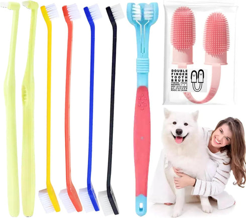 Dog & Cat Toothbrush Kit, 360º Pet Toothbrush, Food Grade Silicone Dog Finger Toothbrush, Dual Head Bristles Tooth Brush, Triple Head Dog Toothbru...