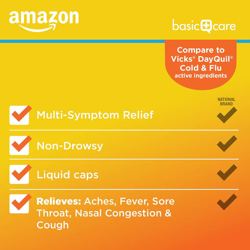 Amazon Basic Care Daytime Cold and Flu Relief Softgels, Non-Drowsy Cold Medicine, Relief of Pain, Fever, Cough, Sore Throat, Nasal Congestion, 24 ...