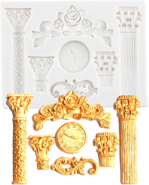 Roman Column Silicone Fondant Mold Greek Marble Pillars Relief Retro European Pattern Clock Chocolate Candy Molds for Cake Decorating Cupcake Topp...