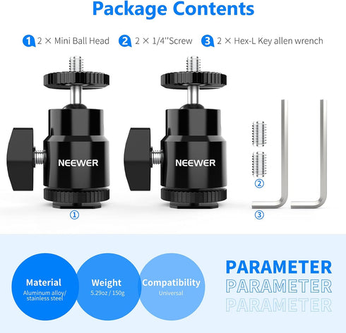 NEEWER Mini Ball Head with Cold Shoe & 1/4” Screw, 2 Pack, 360° Swivel 90° Tilt Ballhead Camera Mount Hot Shoe Adapter for Camera, Camcorder, Smar...