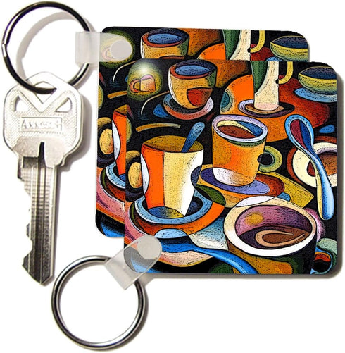 3dRose Cups Poster Mugs Coffee Spoon Abstract Colorful Key Chains, Set of 2 (kc_21126_1)...
