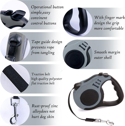 Retractable Dog Leash, 10 FT Dog Leash for Small Medium Dogs up to 22lbs, Pet Tape with Anti Slip Handle and Lock Nylon, 1 Silicone Dog Bowl, 1 Di...