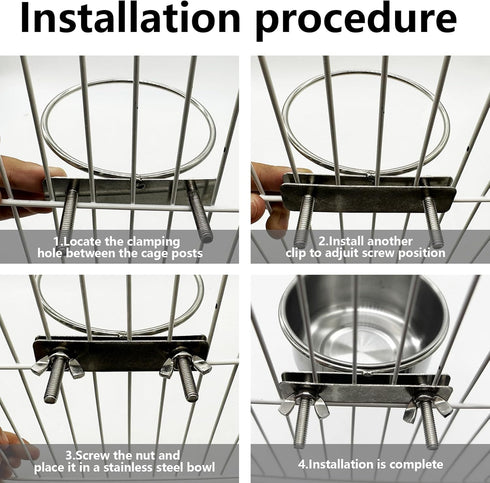 Kennel Stainless Steel Bowls Hanging Crate Durable Anti-Spill Food Feeder Dish Water Bowl 2PCS Quick Lock Cage with Clamp Holder for Small Sized D...