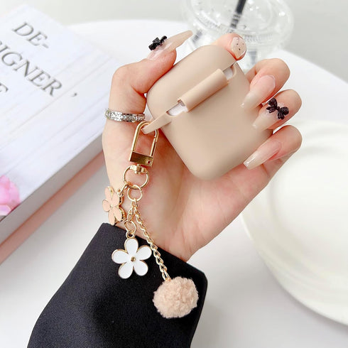 Cute Milk Tea Case for Airpods 2nd/1st Generation Cover for Girl Women with Pom pom Flower Keychain & Cleaner Kit, Soft Silicone Airpods iPod 2nd/...