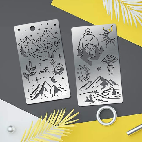 4 Pcs Metal Magic Mountains Stencils Reusable Metal Journal Stencil Moon Sun Pyrography Template for Wood Carving, Drawings and Woodburning, Engra...