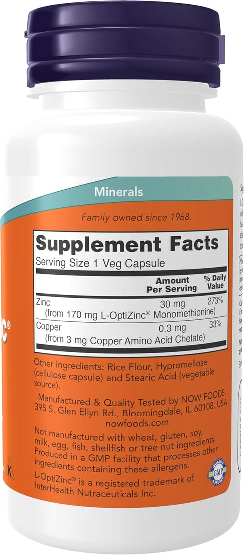 NOW Supplements, L-OptiZinc® 30 mg with Copper, Highly Bioavailable Form, Immune Support*, 100 Veg Capsules...