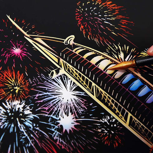 Scratch Art for Kids & Adult, Rainbow Engraving Painting Landscape Scratchboard(A4) Crafts Set: 8 Sheets 4 tools - Congress Building, Burj Al Arab...