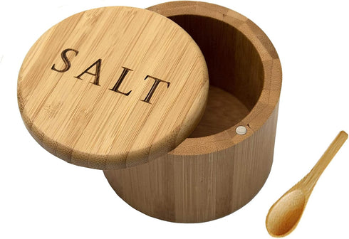 Salt Cellar, Bamboo Salt Box, Salt Container With Spoon, Salt Holder With Lid, Salt Shaker, Cumin and Pepper Bowl with Magnetic Swivel Lid...