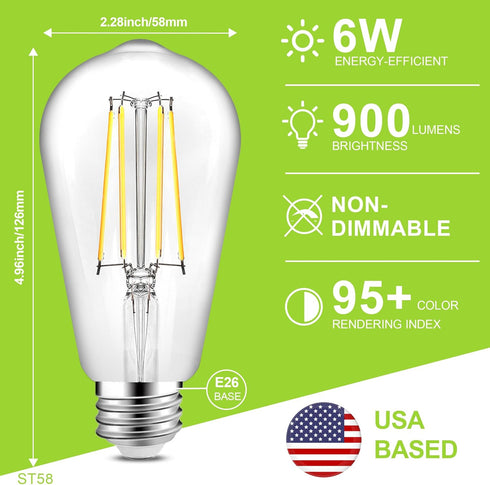 WIHTU Vintage LED Edison Bulbs, 6W Equivalent 60W, ST58 Antique LED Filament Bulbs, LED Light Bulbs with 95+ CRI, High Brightness Daylight 4000K, ...