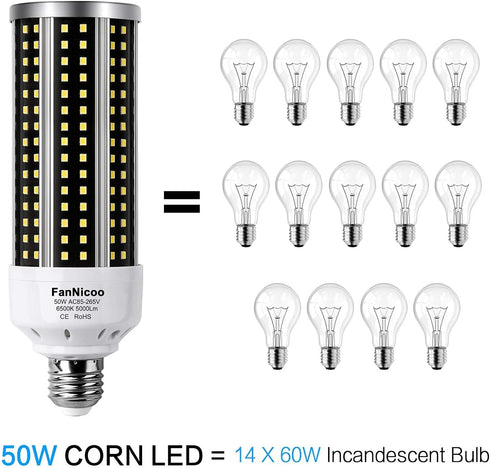 2 Pack LED Corn Light Bulb 500W Equivalent 5000 Lumen 6500k 50W Large Area Cool Daylight White Corn Bulb for Outdoor Indoor Garage Warehouse Facto...