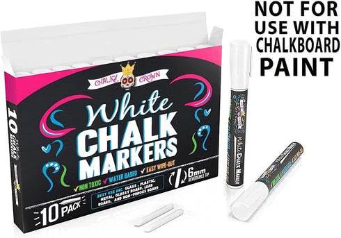 CHALKY CROWN Liquid Chalk Marker Pen - White Dry Erase Marker - Chalk Markers for Chalkboard Signs, Windows, Blackboard, Glass - 6mm Reversible Ti...