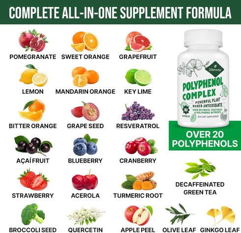 2250 MG Polyphenols Supplement Over 20 Fruits, Vegetables & Polyphenols, Quercetin, Resveratrol, Turmeric, Green Tea, Powerful Antioxidants, Polyp...