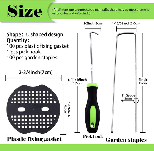 Keadic 201 Pcs 6" Garden Landscape Staples with Gasket and Precision Hook, 11 Gauge Galvanized U-Shaped Sod Pins Yard Fence Ground Stakes for Fixe...