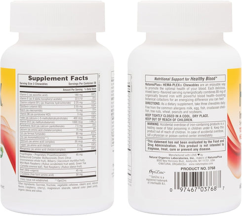 NaturesPlus Hema-Plex Iron - 60 Mixed Berry Chewables - 85 mg Elemental Iron - Total Blood Health - with Vitamin C & Bioflavonoids - Vegan, Gluten...