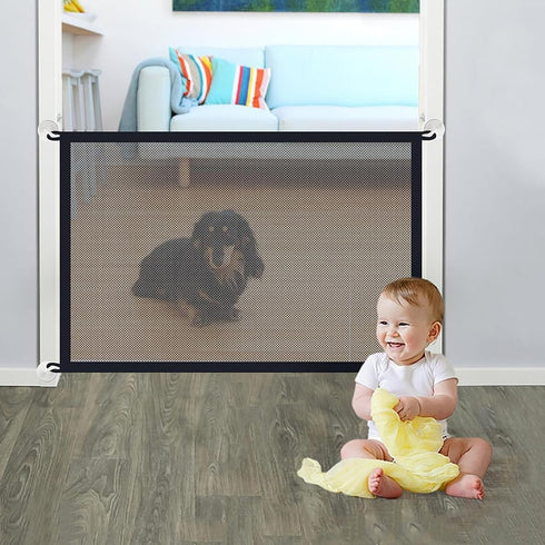 Magic Dog Gate,Magic pet Gate for Stairs and Door, mesh Dog Gates for The House Foldable Safety Isolation Fence,Indoor Pet Safety Gate Install (B-...